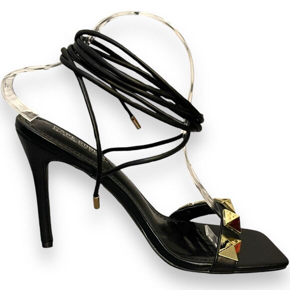 Cape Robbin Strappy Heel Sandals Womens 9 Black Studded Gold Sexy Open Toe Party - Picture 4 of 14